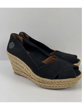 Tory Burch Jackie Wedge Espadrille Platform Peep Toe Black Canvas Shoes Sz 11 B